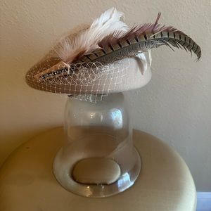 NEW taupe wool hat with earth tone feather detail rhinestone trim and netting
